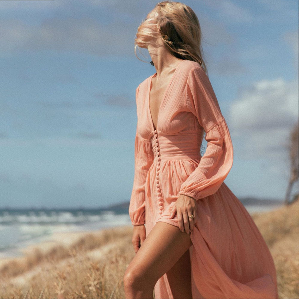 Robe à col en V, taille drapée, coupe ample, élégante