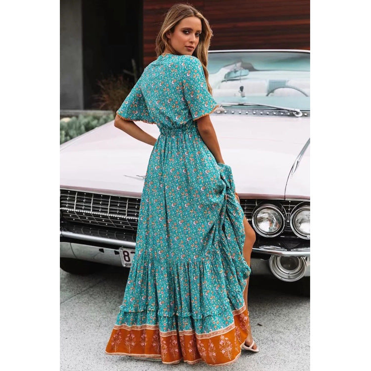 Robe Bohème Grande Encolure en V, Imprimé, Lacée, pour Vacances à la Plage
