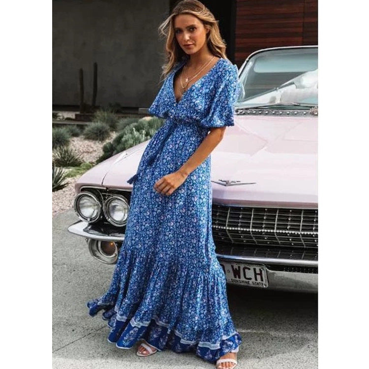 Robe Bohème Grande Encolure en V, Imprimé, Lacée, pour Vacances à la Plage