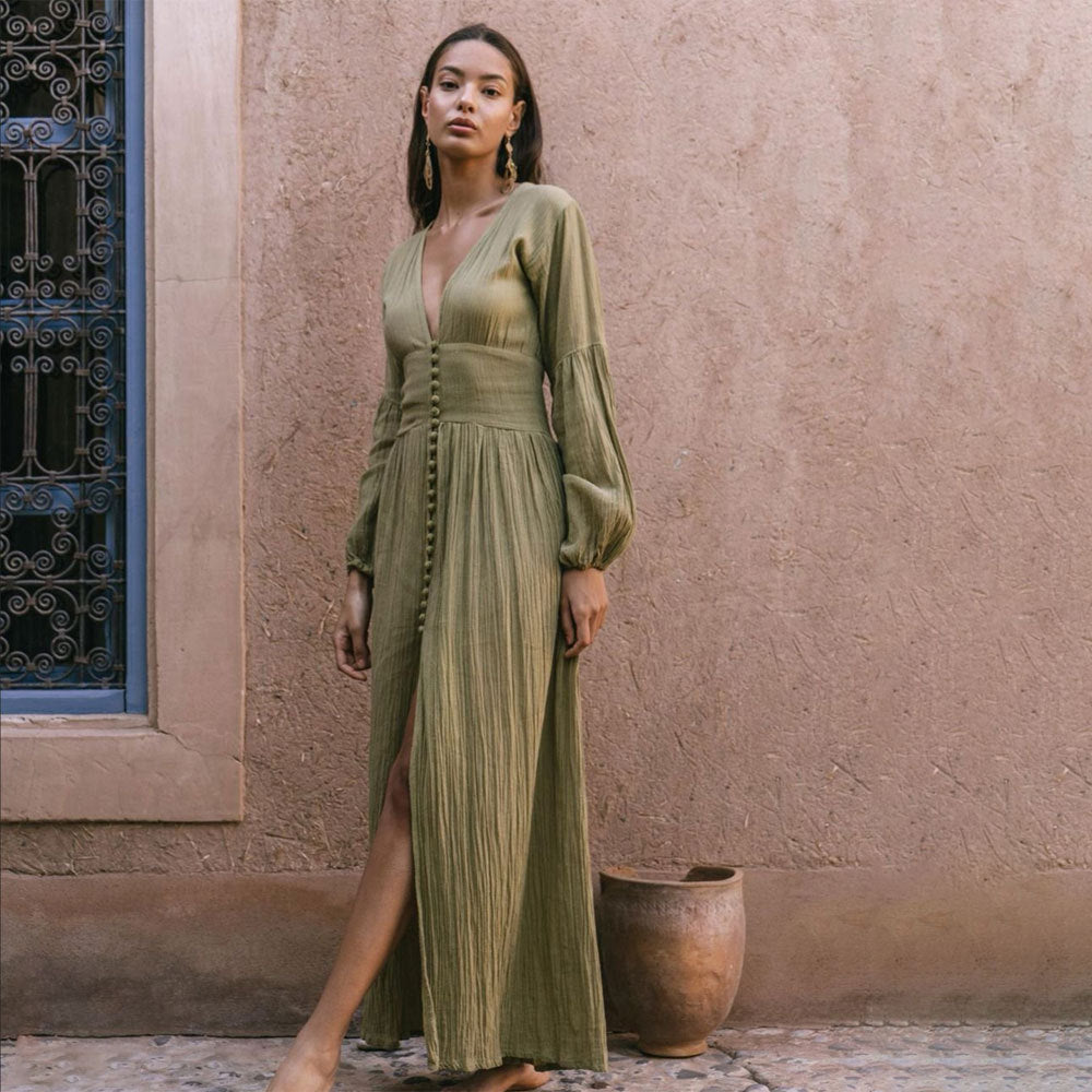 Robe à col en V, taille drapée, coupe ample, élégante