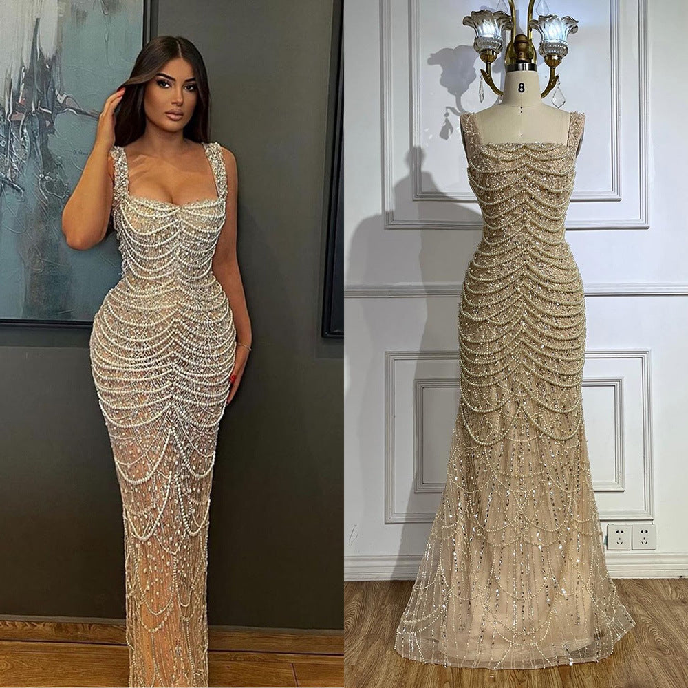 Robe Élégante Nu à Bretelles, Luxe Léger Haut de Gamme, Perles Brodées