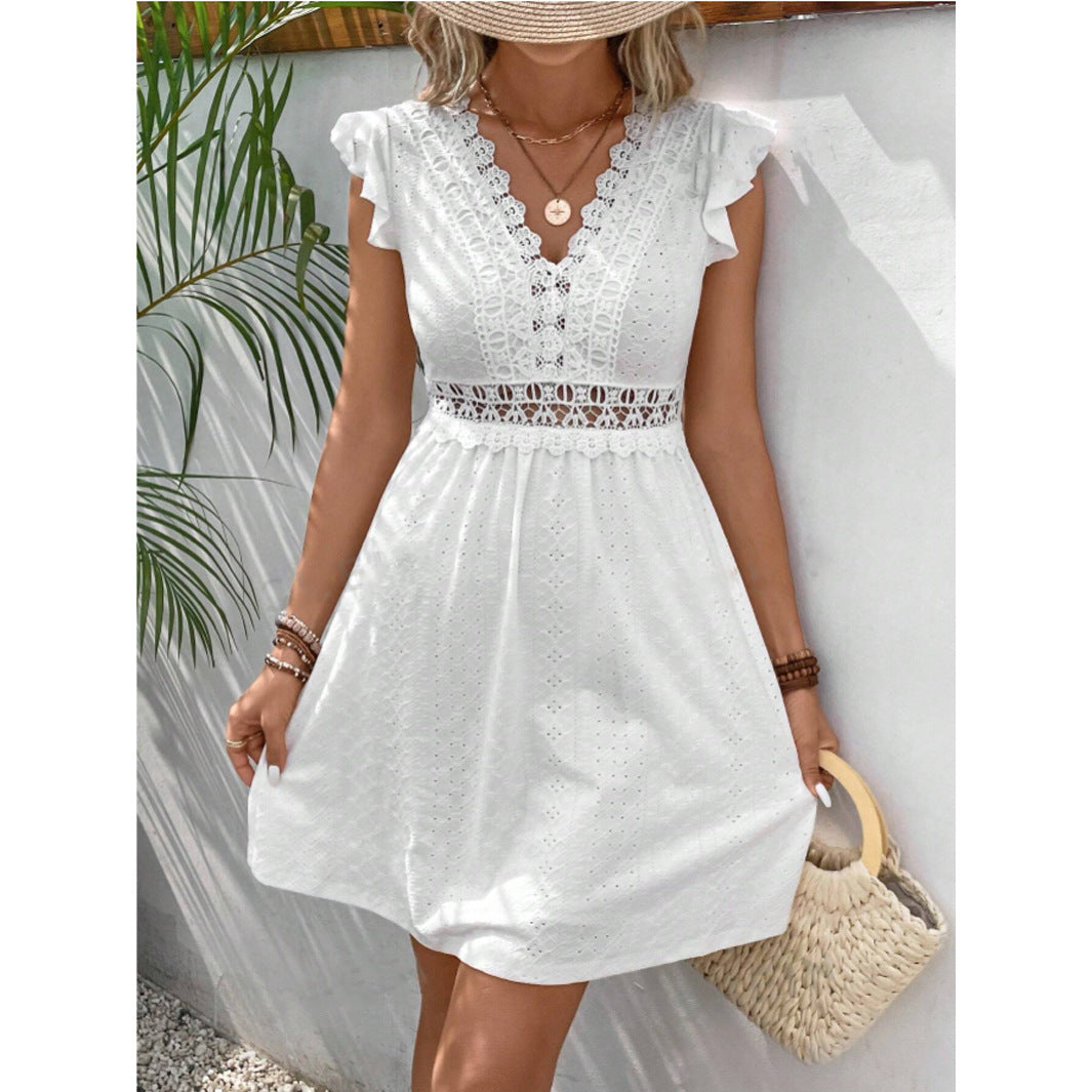 Robe en tricot jacquard avec découpe, élastique, transparente, en dentelle et manches papillon