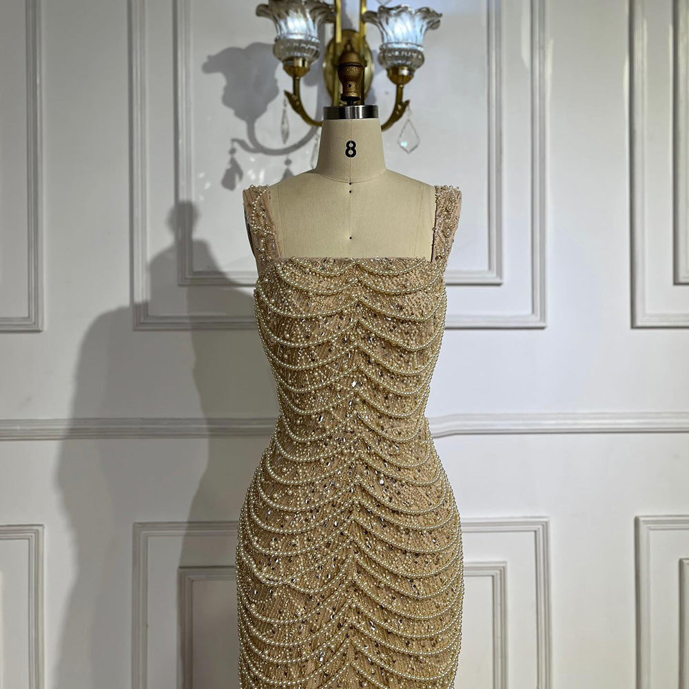 Robe Élégante Nu à Bretelles, Luxe Léger Haut de Gamme, Perles Brodées