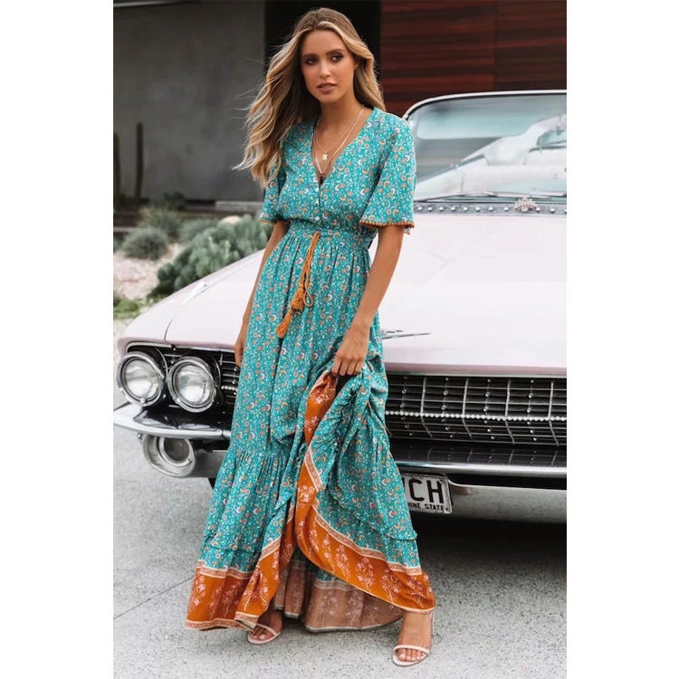 Robe Bohème Grande Encolure en V, Imprimé, Lacée, pour Vacances à la Plage