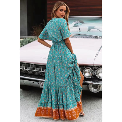 Robe Bohème Grande Encolure en V, Imprimé, Lacée, pour Vacances à la Plage