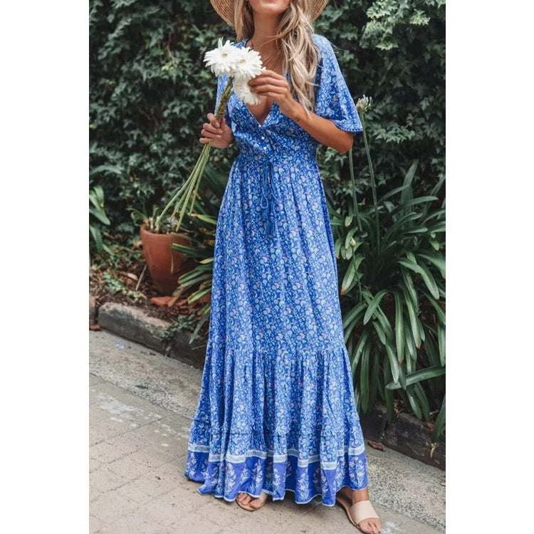 Robe Bohème Grande Encolure en V, Imprimé, Lacée, pour Vacances à la Plage