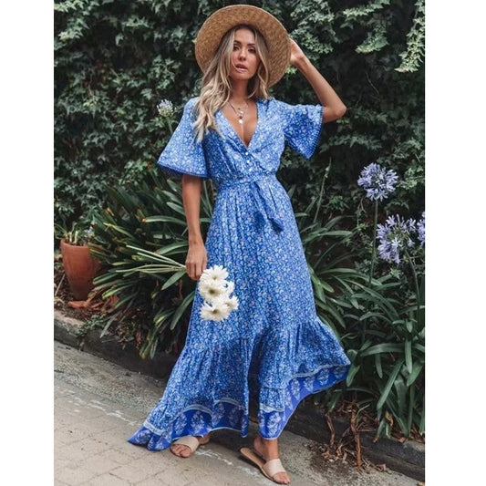 Robe Bohème Grande Encolure en V, Imprimé, Lacée, pour Vacances à la Plage