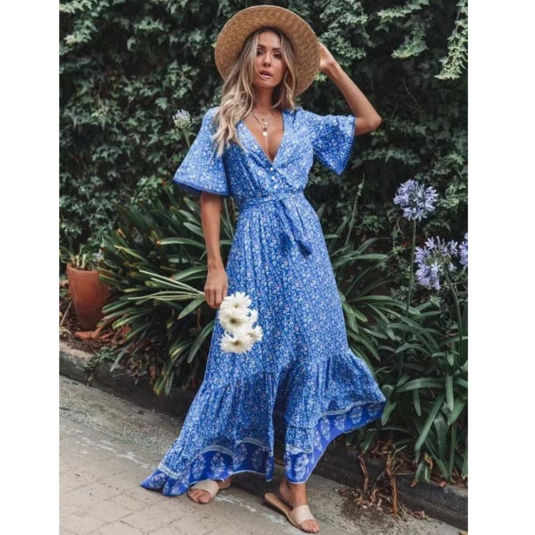 Robe Bohème Grande Encolure en V, Imprimé, Lacée, pour Vacances à la Plage