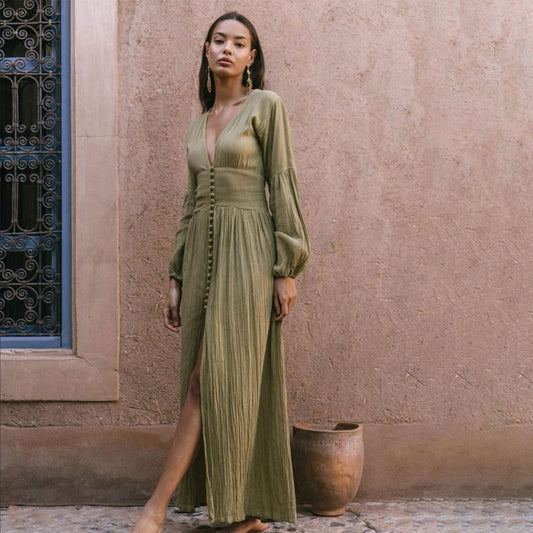 Robe à col en V, taille drapée, coupe ample, élégante