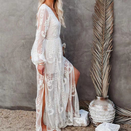 Robe unie en dentelle pour femme, à manches longues et col en V.