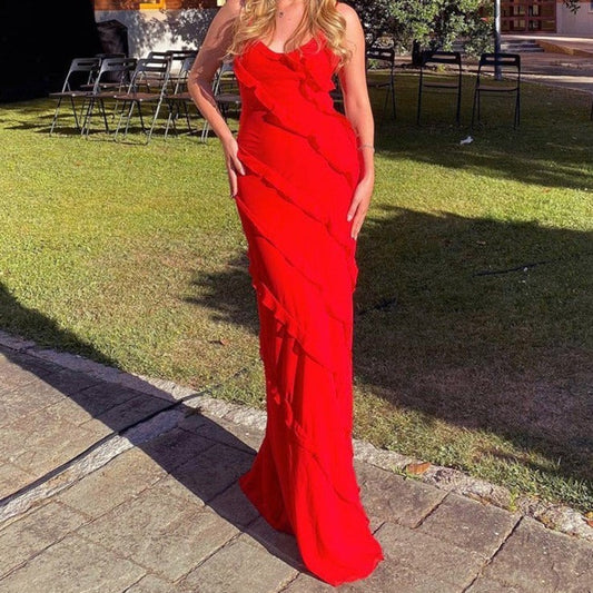 Robe à encolure en U, épaules dénudées, vagues, coupe slim et fente sur le côté
