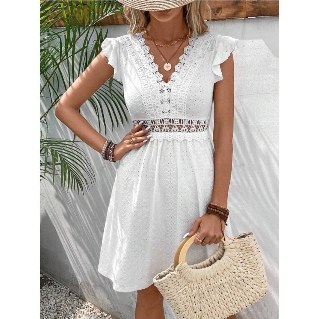 Robe en tricot jacquard avec découpe, élastique, transparente, en dentelle et manches papillon